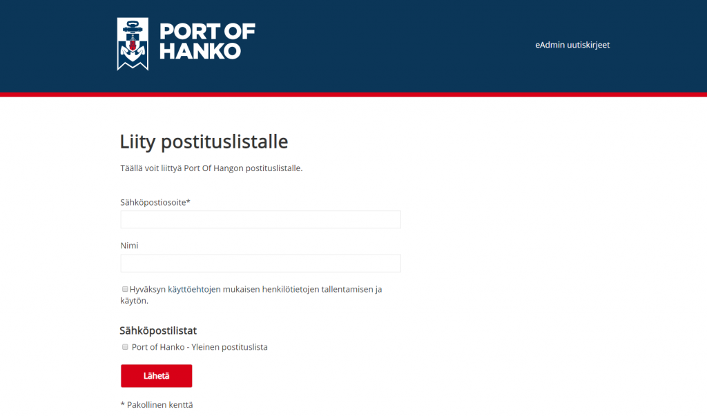 Port of Hanko uutiskirjeen tilaussivu